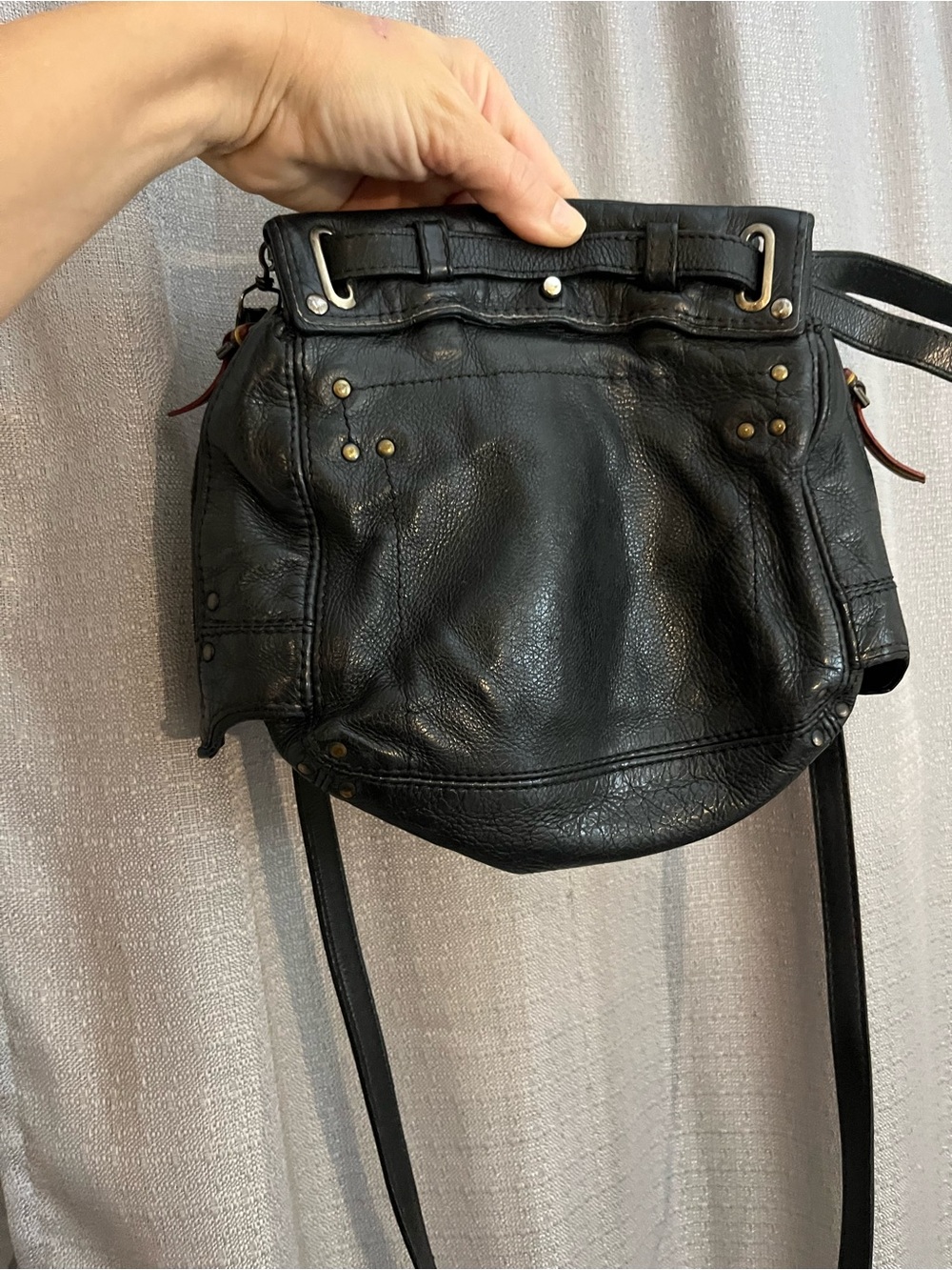 Jerome Dreyfuss Black Pebbled Leather Crossbody Bag with Brass Accents